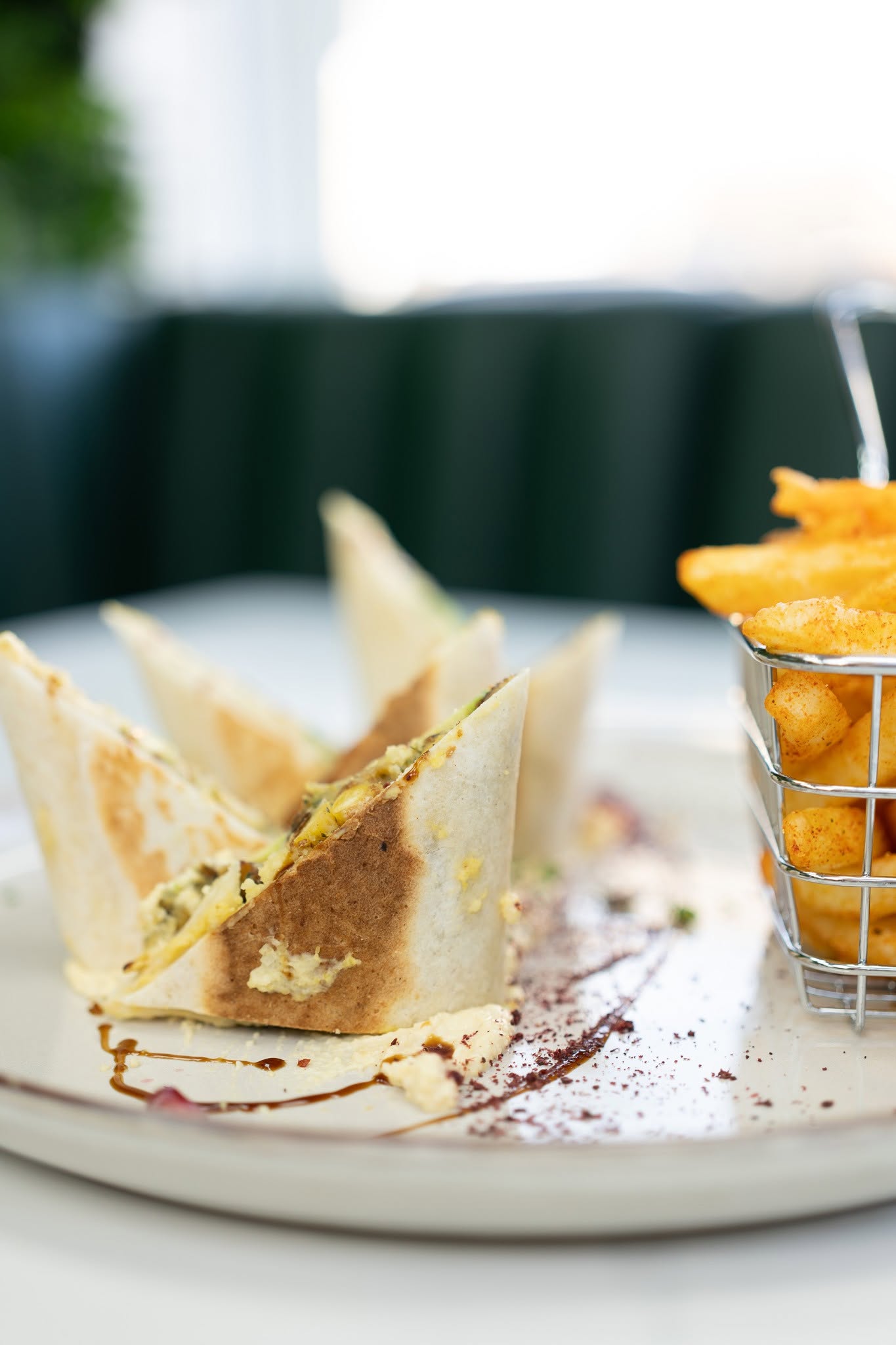 Toasted wrap served with paprika fries